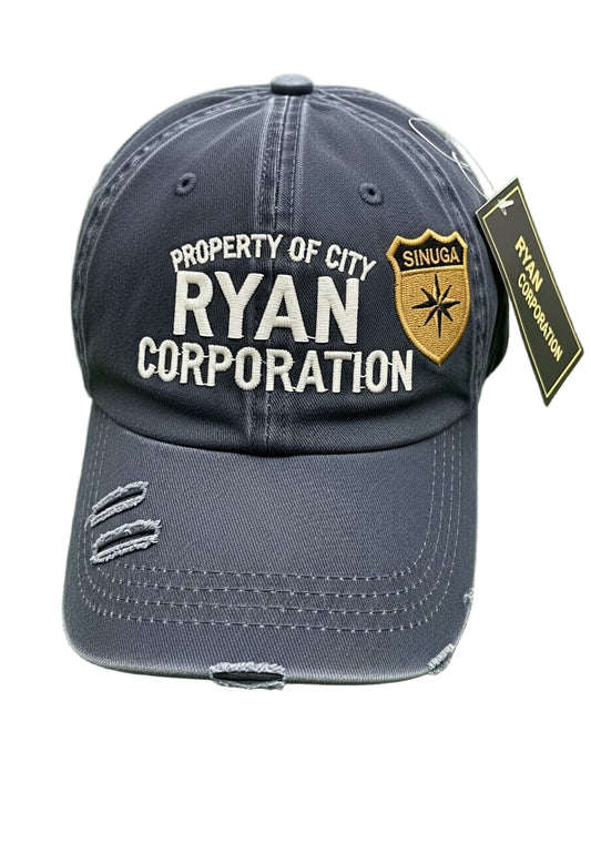 Dark Blue Distressed Baseball Cap with Embroidered Text &amp; Shield Emblem