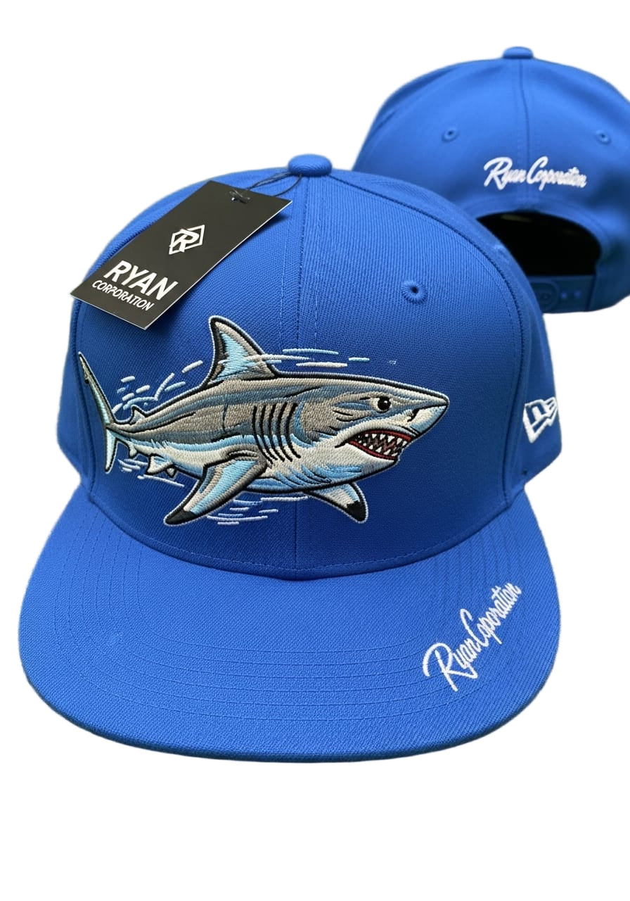 Bright Blue Flat-Brim Cap with Realistic Shark Embroidery