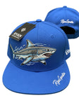 Bright Blue Flat-Brim Cap with Realistic Shark Embroidery