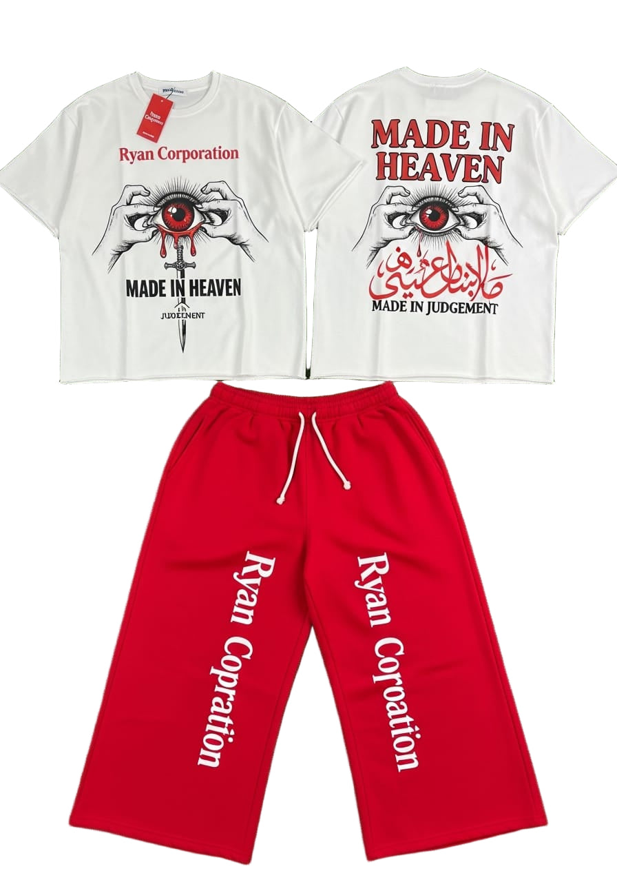 "Made in Heaven" Oversized Tee &amp; Red Wide-Leg Sweatpants Set