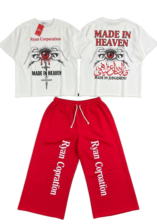 "Made in Heaven" Oversized Tee &amp; Red Wide-Leg Sweatpants Set