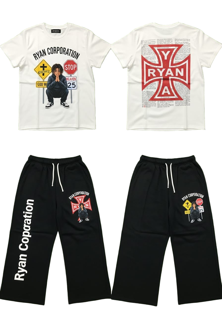 White "God Way" Tee & Black Wide-Leg Sweatpants Set