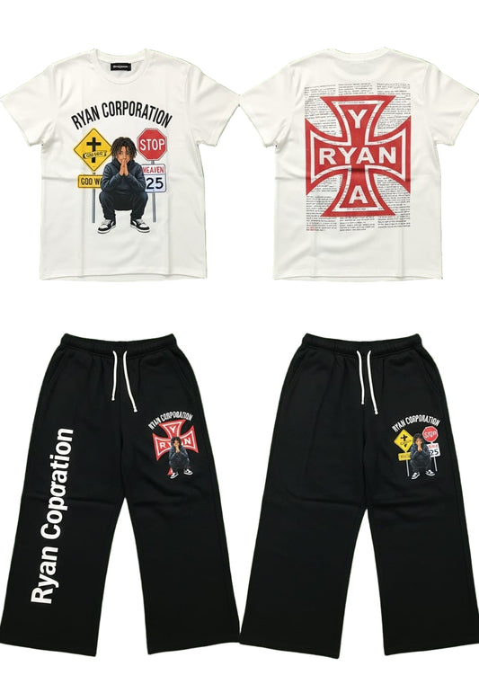 White "God Way" Tee & Black Wide-Leg Sweatpants Set