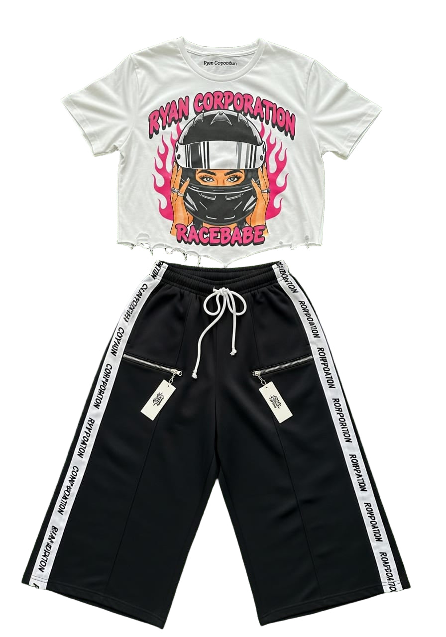 White Cropped "Racebabe" Tee &amp; Black Wide-Leg Sweatpants Set