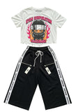 White Cropped "Racebabe" Tee &amp; Black Wide-Leg Sweatpants Set
