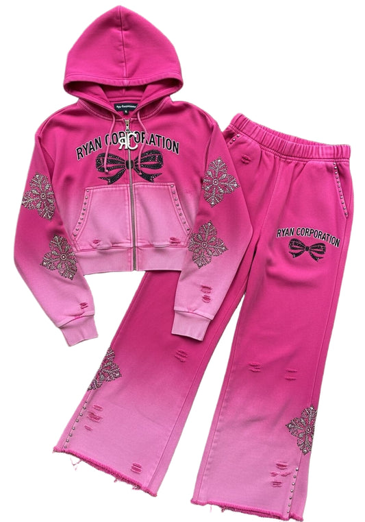 Vibrant Pink Distressed Tracksuit with Silver Stud Embellishments