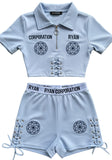 Light Blue Ribbed Crop Top &amp; High-Waisted Shorts Set