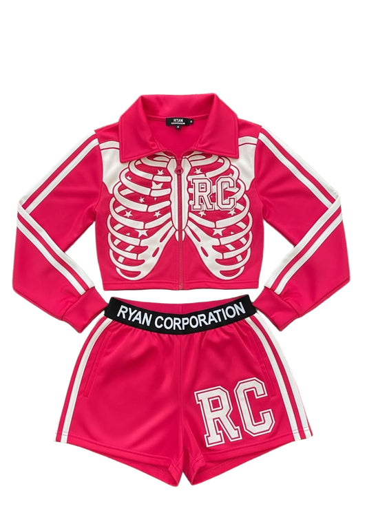 Vibrant Pink Tracksuit with Ribcage Design