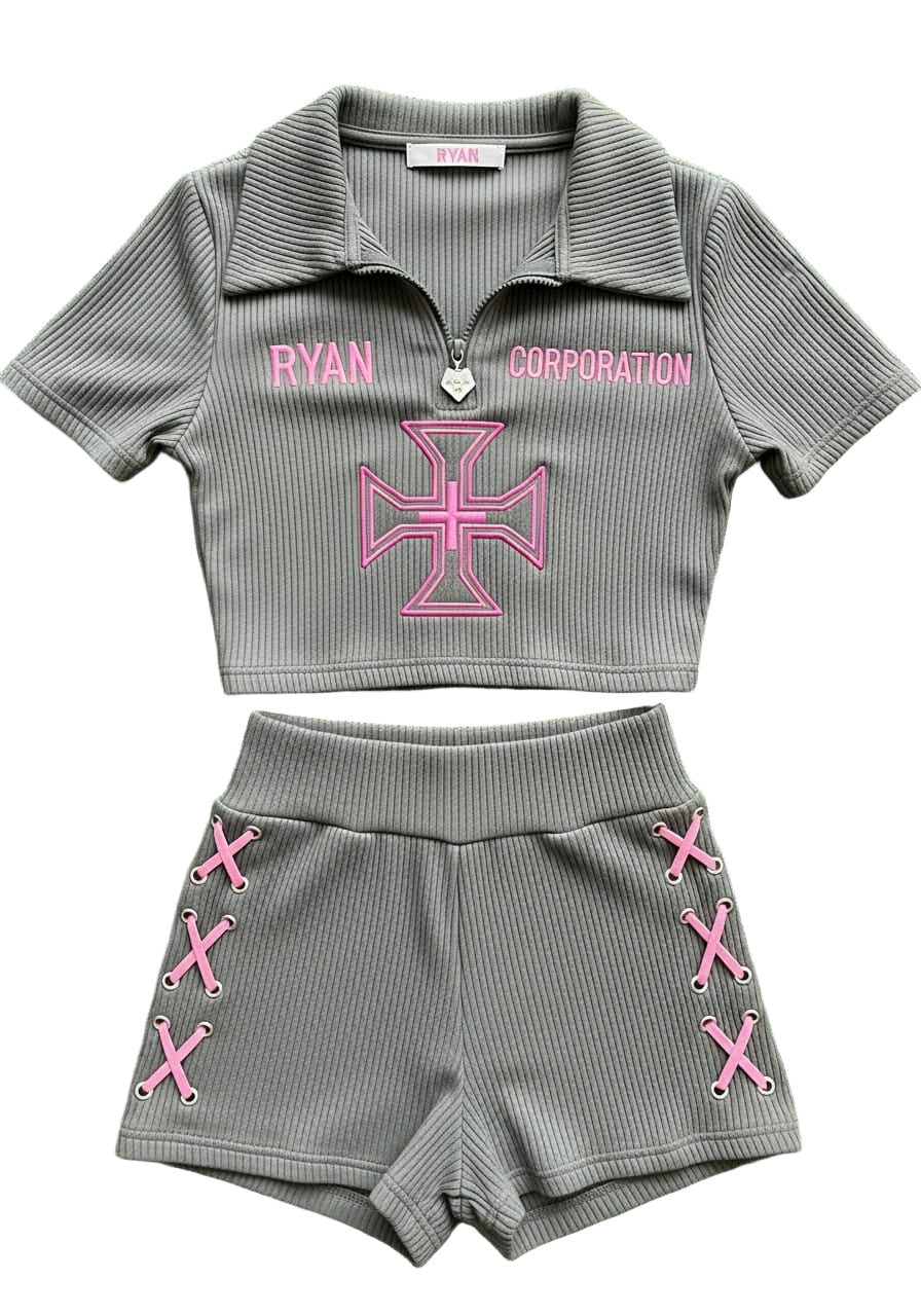 Ribbed Two-Piece Set with Pink Embroidery