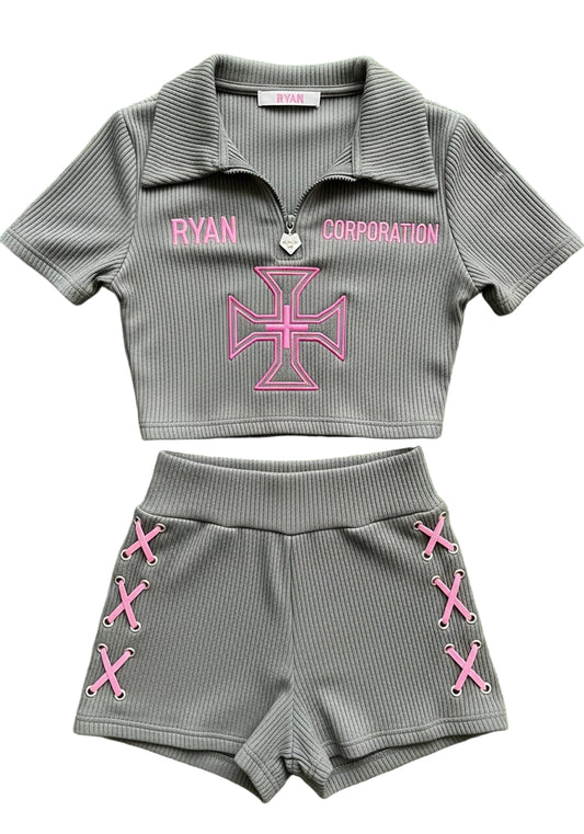 Ribbed Two-Piece Set with Pink Embroidery