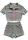 Ribbed Two-Piece Set with Pink Embroidery