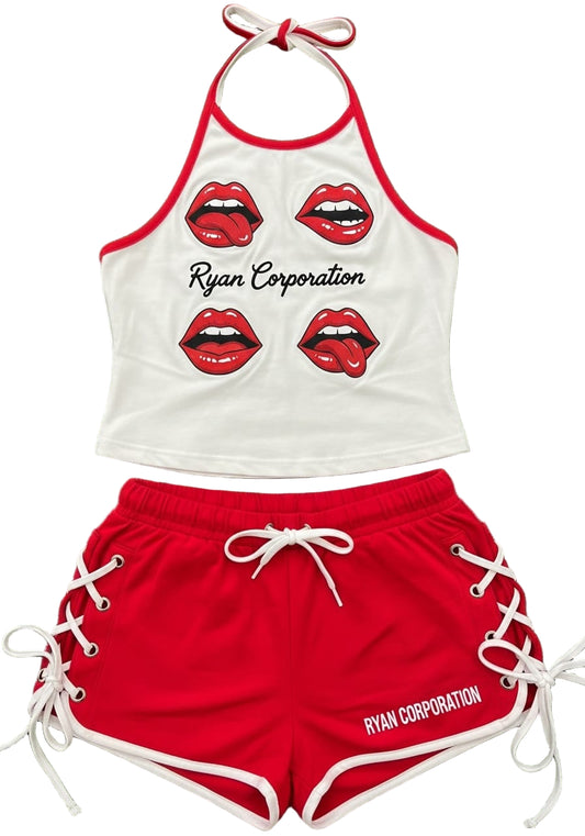 Red &amp; White Lip Graphic Athletic Set – Tank Top &amp; Lace-Up Shorts by Ryan Corporation