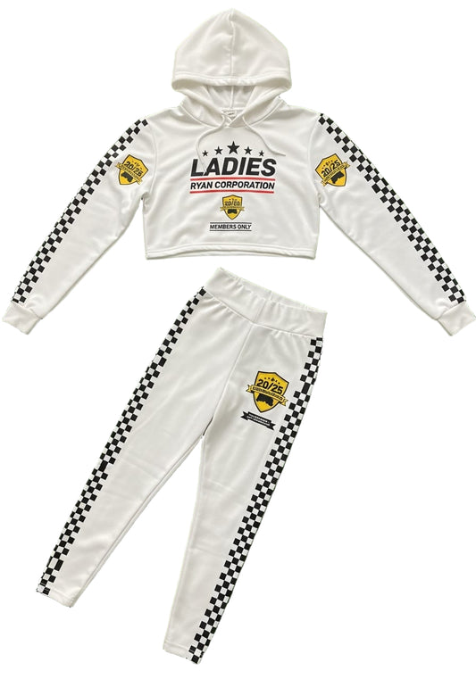 White Checkerboard Ladies Tracksuit – Cropped Hoodie &amp; Leggings Set by Ryan Corporation