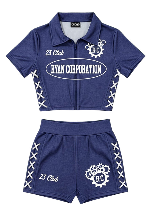 Indigo Blue Women's Athletic Set – Cropped Zip-Top &amp; High-Waisted Shorts