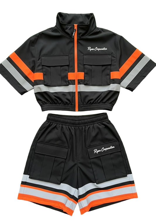 Ryan Corporation Black Cropped Jacket &amp; Shorts Set with Orange &amp; Reflective Stripes