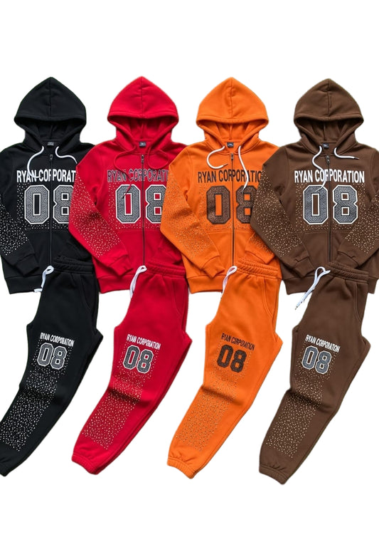 Ryan Corporation “08” Rhinestone Tracksuit Set – Full-Zip Hoodie & Joggers