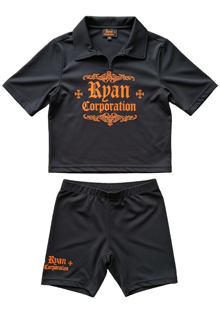 Gothic Logo Zipped Top &amp; Shorts Set Black &amp; Orange