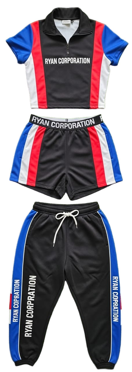 Tri-Color Athletic Set – Crop Top, Shorts &amp; Sweatpants