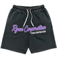 Ryan Corporation Black Distressed Shorts Purple Script Logo