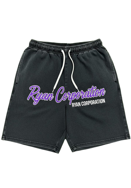 Ryan Corporation Black Distressed Shorts Purple Script Logo