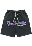 Ryan Corporation Black Distressed Shorts Purple Script Logo