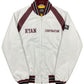 Ryan Corporation White Varsity Jacket with Maroon & Black Stripes