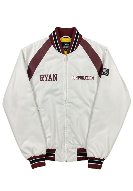 Ryan Corporation White Varsity Jacket with Maroon & Black Stripes