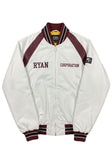 Ryan Corporation White Varsity Jacket with Maroon & Black Stripes