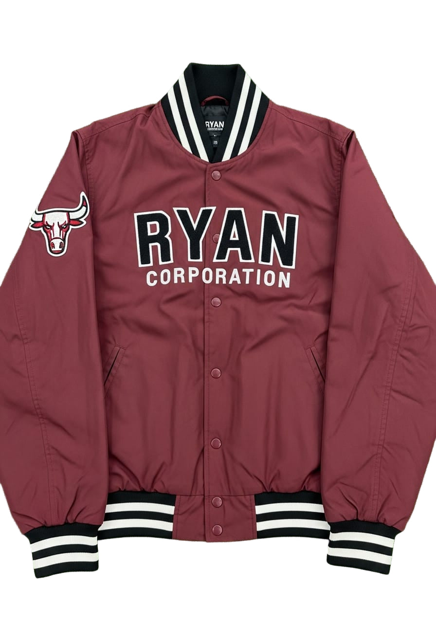 Ryan Corporation Maroon Varsity Jacket with White & Black Stripes