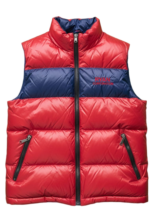 Ryan Corporation Red Puffer Vest with Dark Blue Chest Stripe