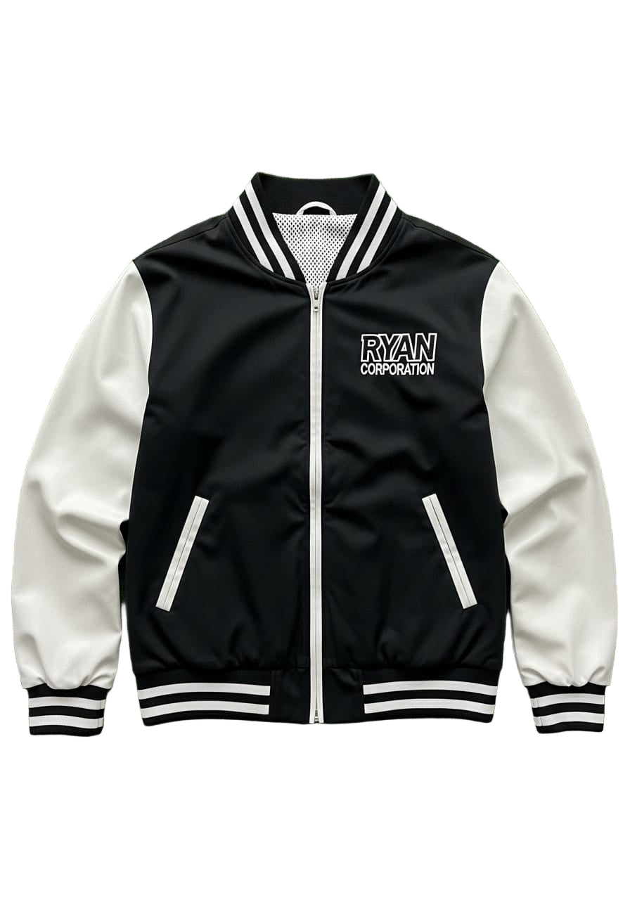 Ryan Corporation Black & White Varsity Jacket with Zip Front and Emblem