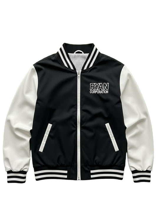 Ryan Corporation Black & White Varsity Jacket with Zip Front and Emblem