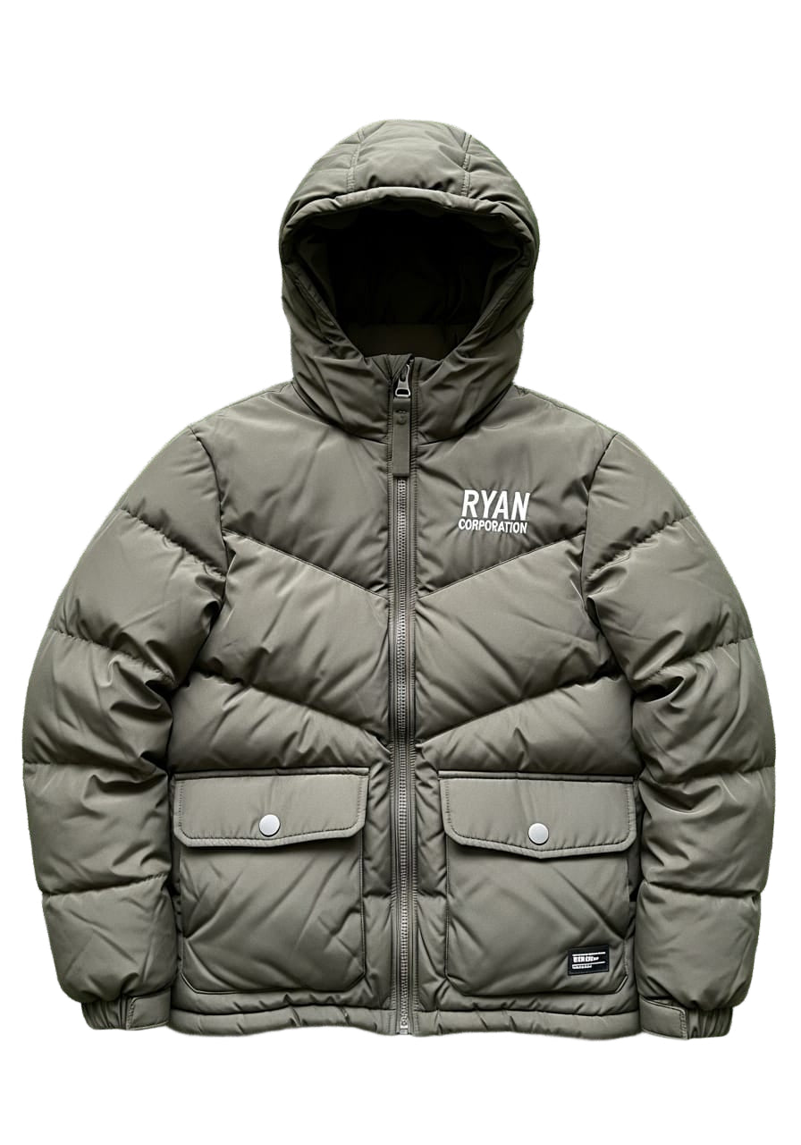 Ryan Corporation Dark Olive Puffer Jacket with Hood and Chevron Quilting