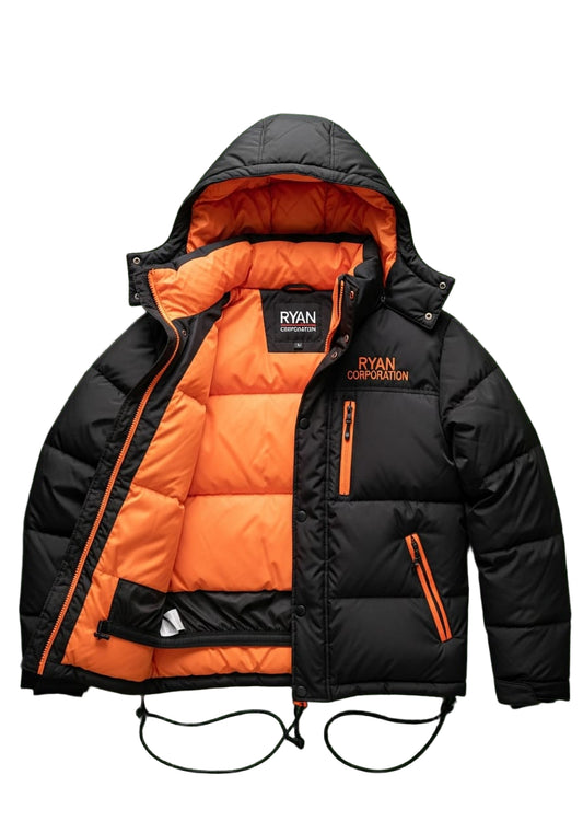 Ryan Corporation Black Puffer Jacket with Orange Lining and Hood