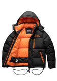 Ryan Corporation Black Puffer Jacket with Orange Lining and Hood