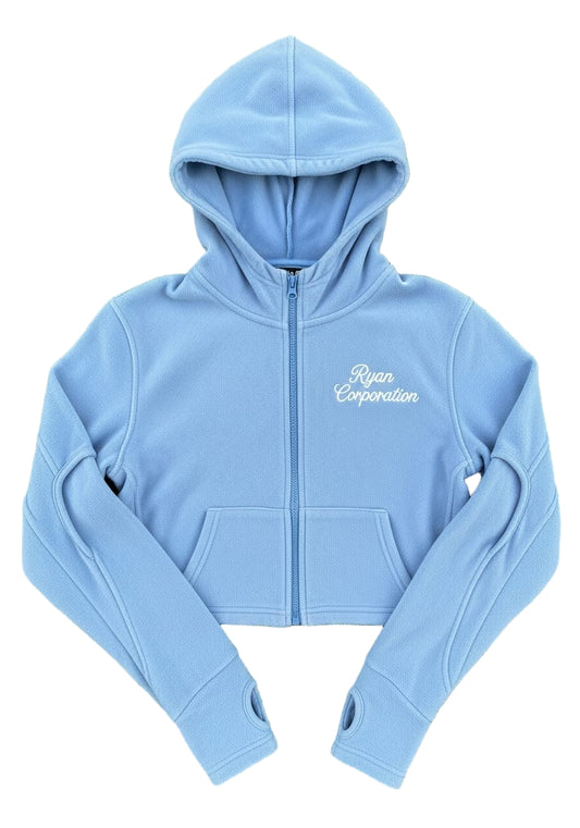 Sky Blue Cropped Zip-Up Hoodie with Thumbholes