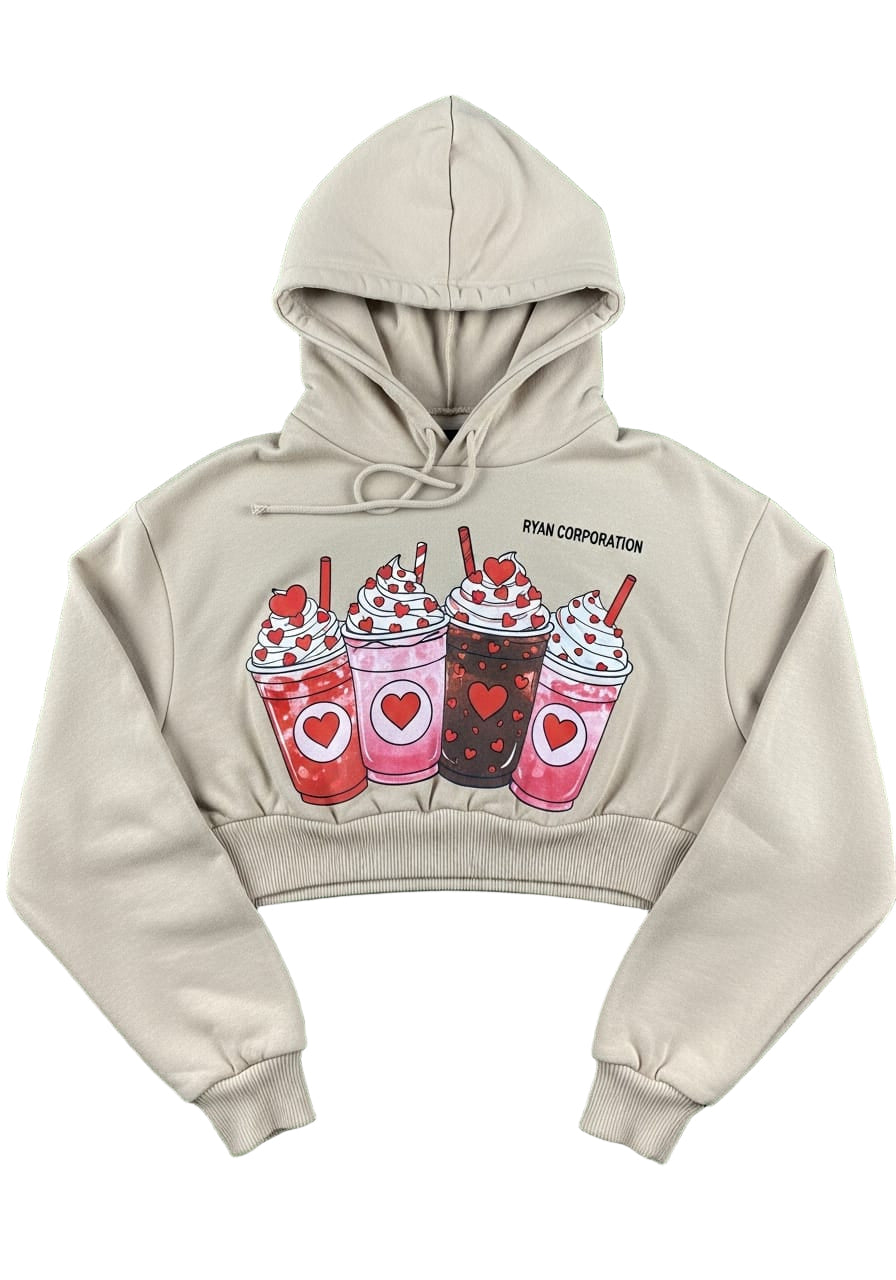 Tan Cropped Hoodie with Valentine’s Day Beverage Print