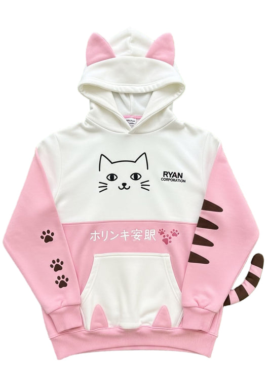 White &amp; Pink Cat-Themed Hoodie with Ears