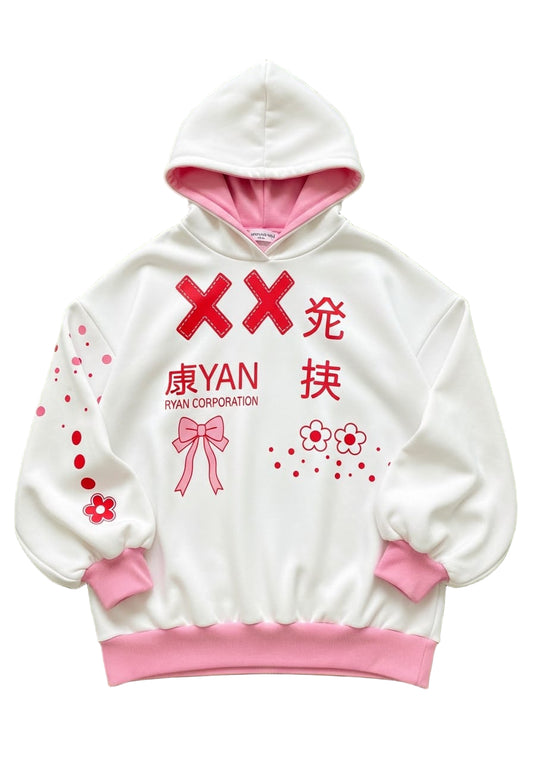 White &amp; Pink Hoodie with Graphic Stitched Design