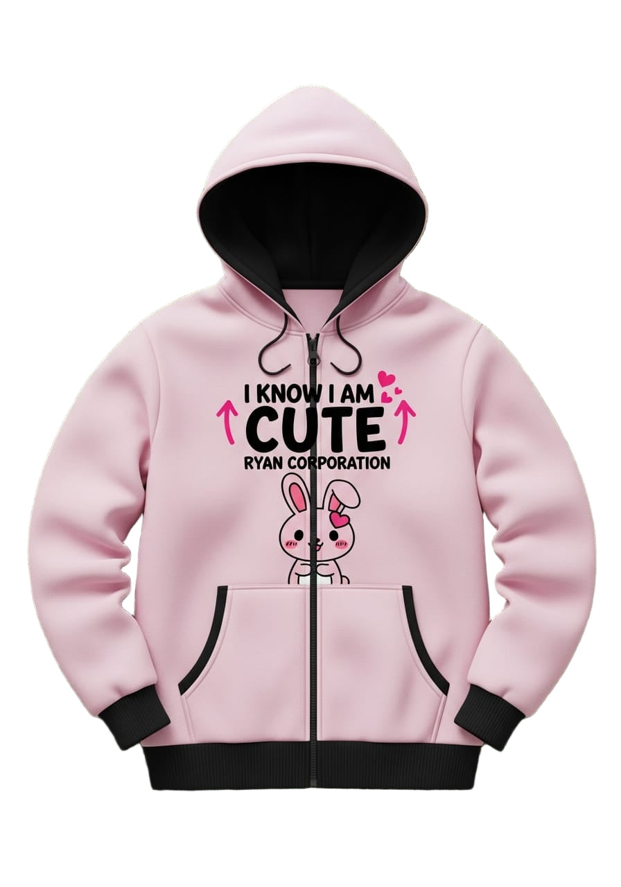 Light Pink Zip-Up Hoodie with Bunny Graphic