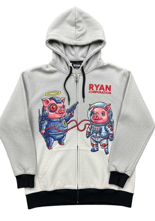 Grey Zipped Hoodie with Futuristic Pig Graphic