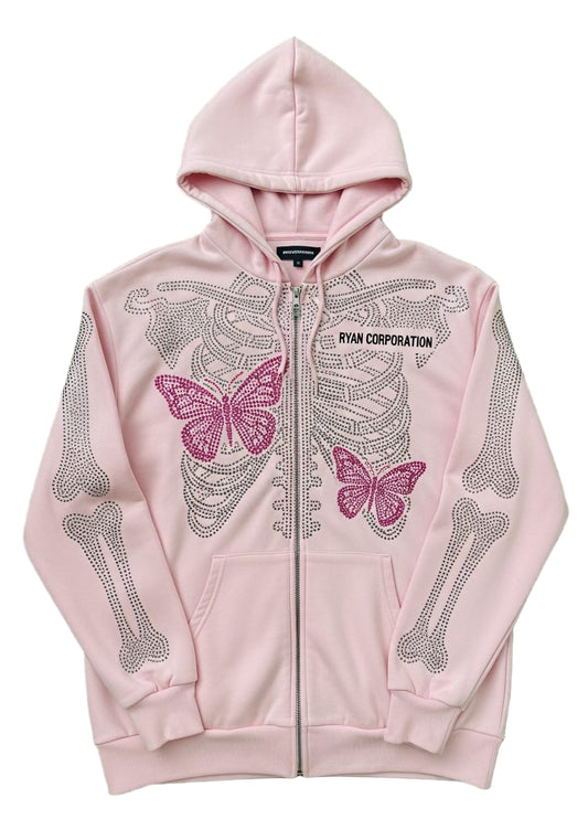Light Pink Rhinestone Skeleton Zip-Up Hoodie