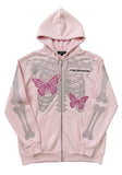 Light Pink Rhinestone Skeleton Zip-Up Hoodie
