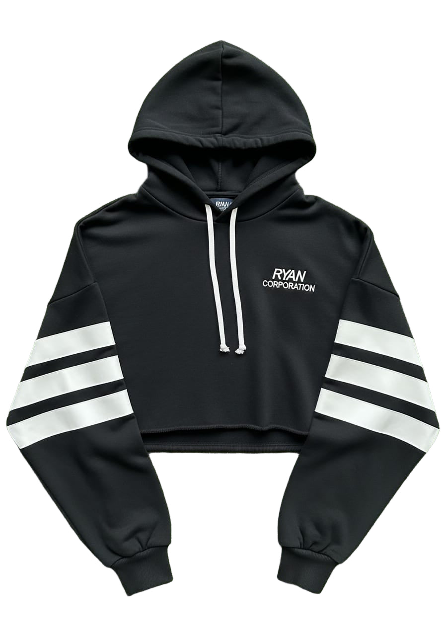 Black Cropped Hoodie with White Sleeve Stripes
