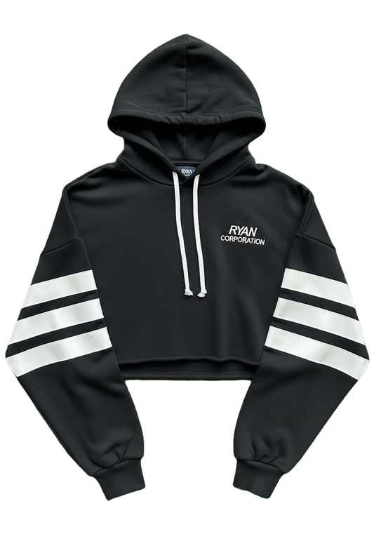 Black Cropped Hoodie with White Sleeve Stripes