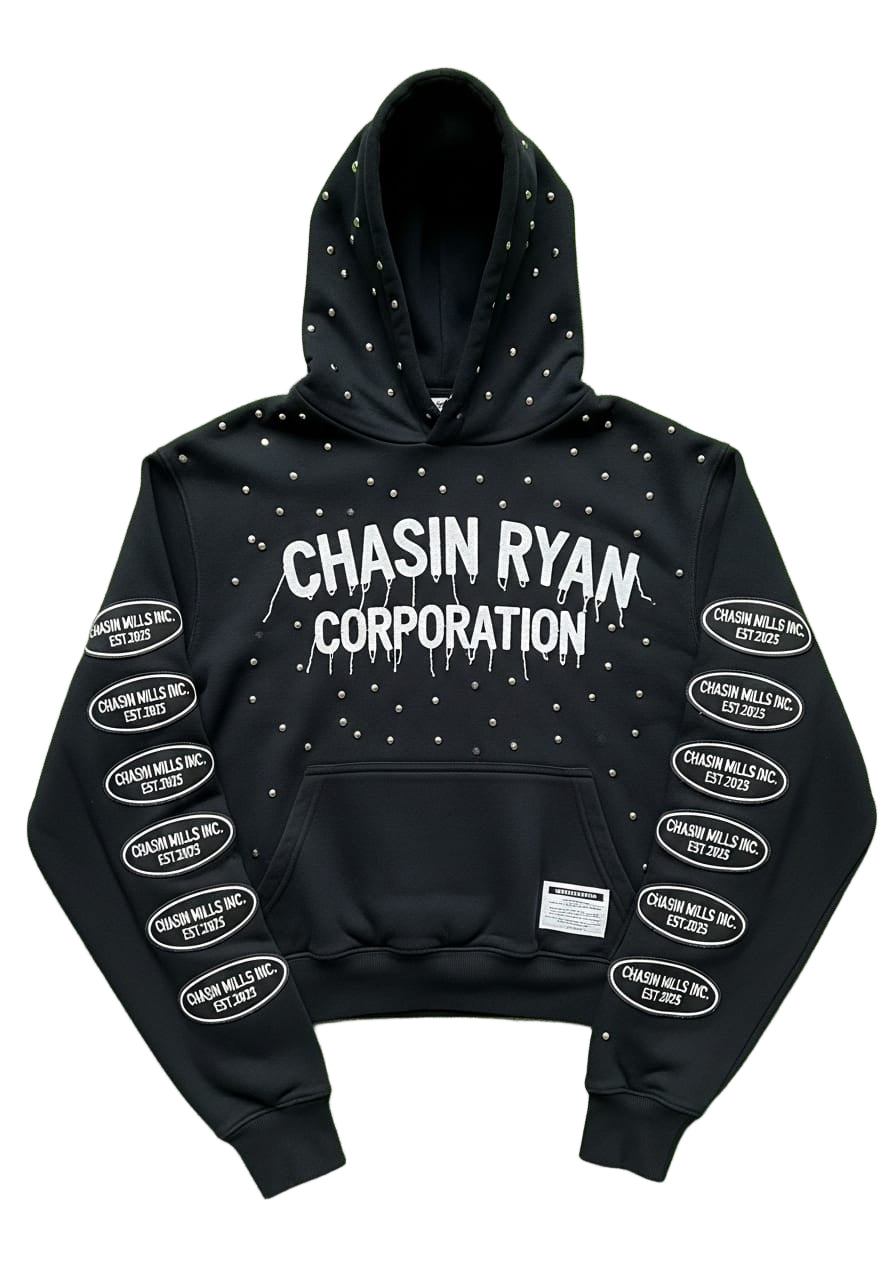 Black Cropped Hoodie with Studs & Sleeve Patches