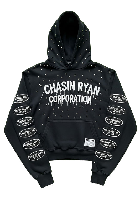 Black Cropped Hoodie with Studs & Sleeve Patches