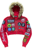 Red Cropped Hoodie with Patches