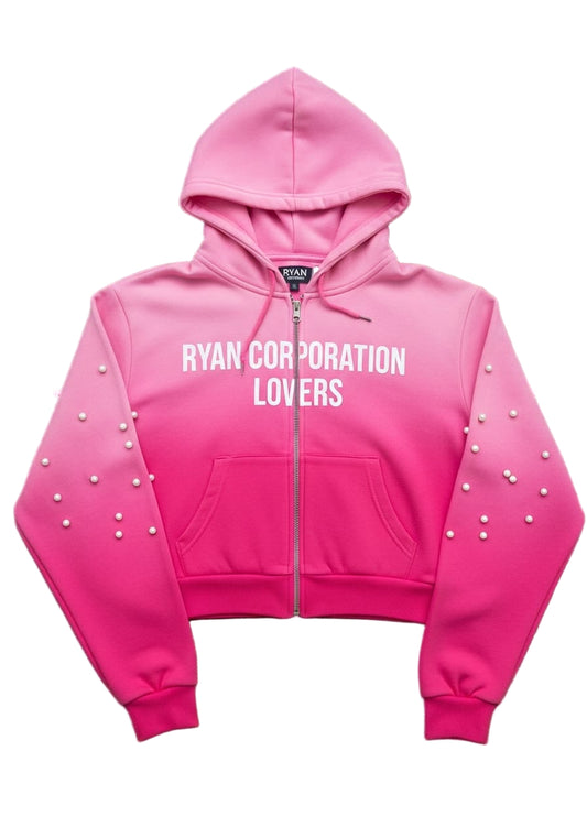 Hot Pink Cropped Zip-Up Hoodie with Beaded Sleeves