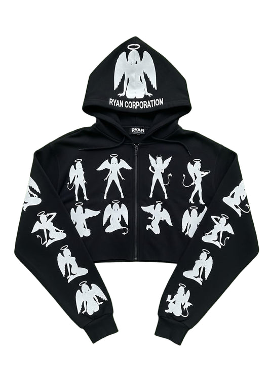 Black Zip-Up Hoodie with Angel & Devil Graphics